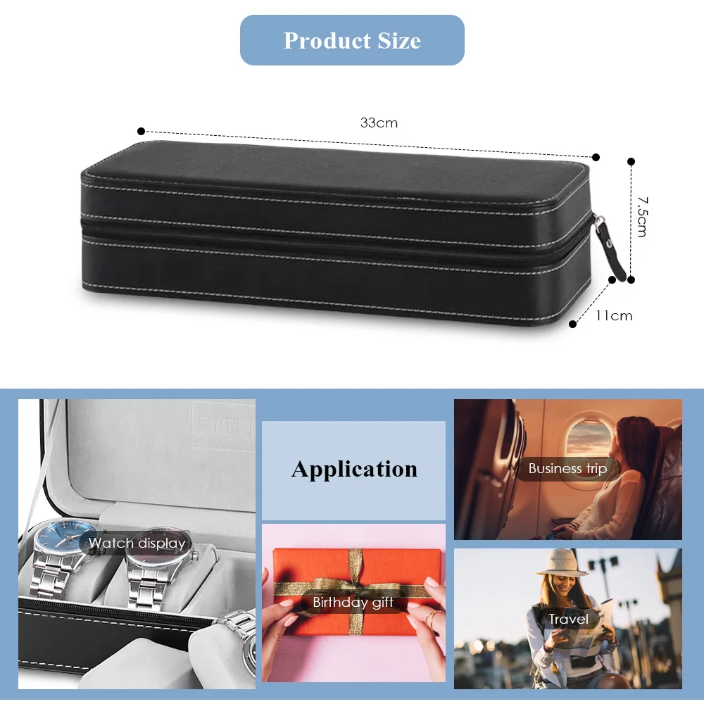 Portable 6-slots Watch Storage Case Leather Box Organizer with Zipper