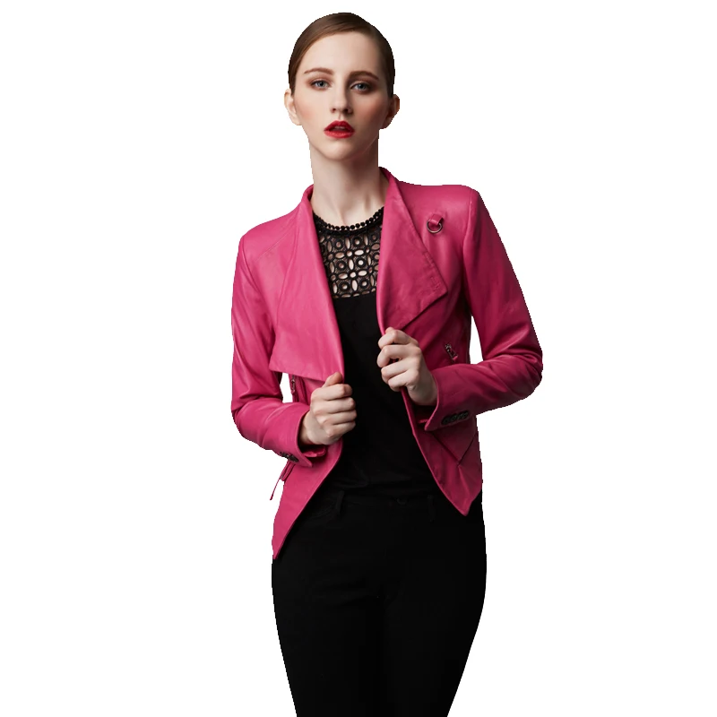 

Factory 2016 Genuine Leather Jacket Women Real Soft Sheep Skin Fashion Black Pink Slim Fit Short Bomber Motorcycle Jackets