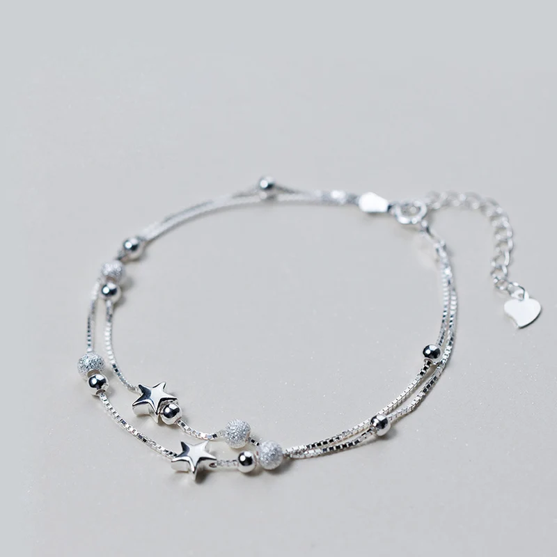 La Маца 925 пробы дважды серебряная цепочка матовые бусины браслеты со звездами для Для женщин модные дамы стерлингов Серебряные ювелирные изделия браслет