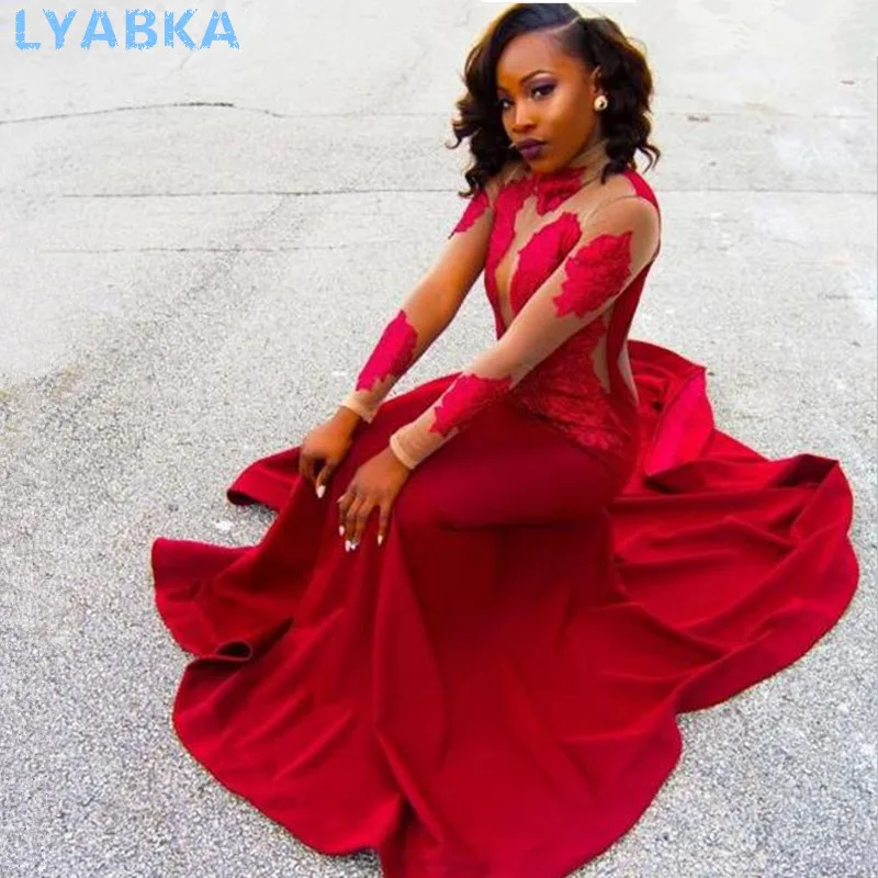 

High Neck Appliques Long Sleeve Prom Dresses Custom Made Elegant Red Mermaid Prom Dress 2019 Vestido De Renda Special Occasion
