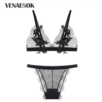

Seamless Bra Panties Sets Brand Black Brassiere Ultrathin Transparent Underwear Set Women Sexy Bras Lace Lingerie Set Embroidery