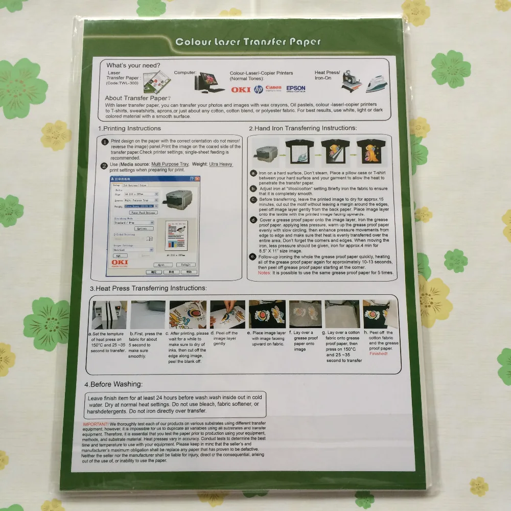 Iron on laser heat transfer paper for Dark and Light fabric T shirt A4 size ( 60 pieces/lot