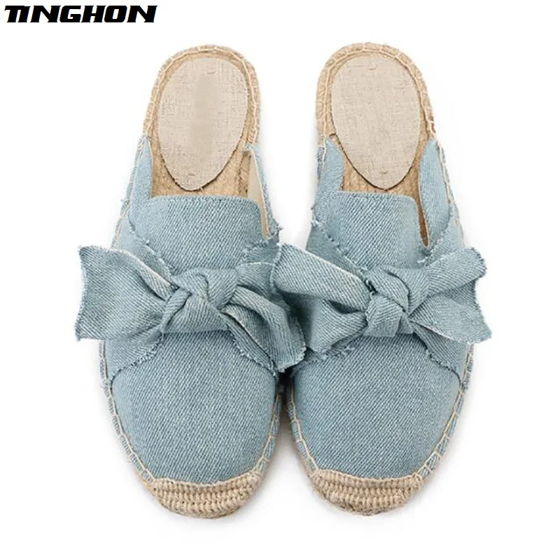 

Fashion Ethnic Casual Espadrilles Light Blue Bow Flat New Women Spring Printed Embroider Slip on Fishermen Hemp Rope Shoe