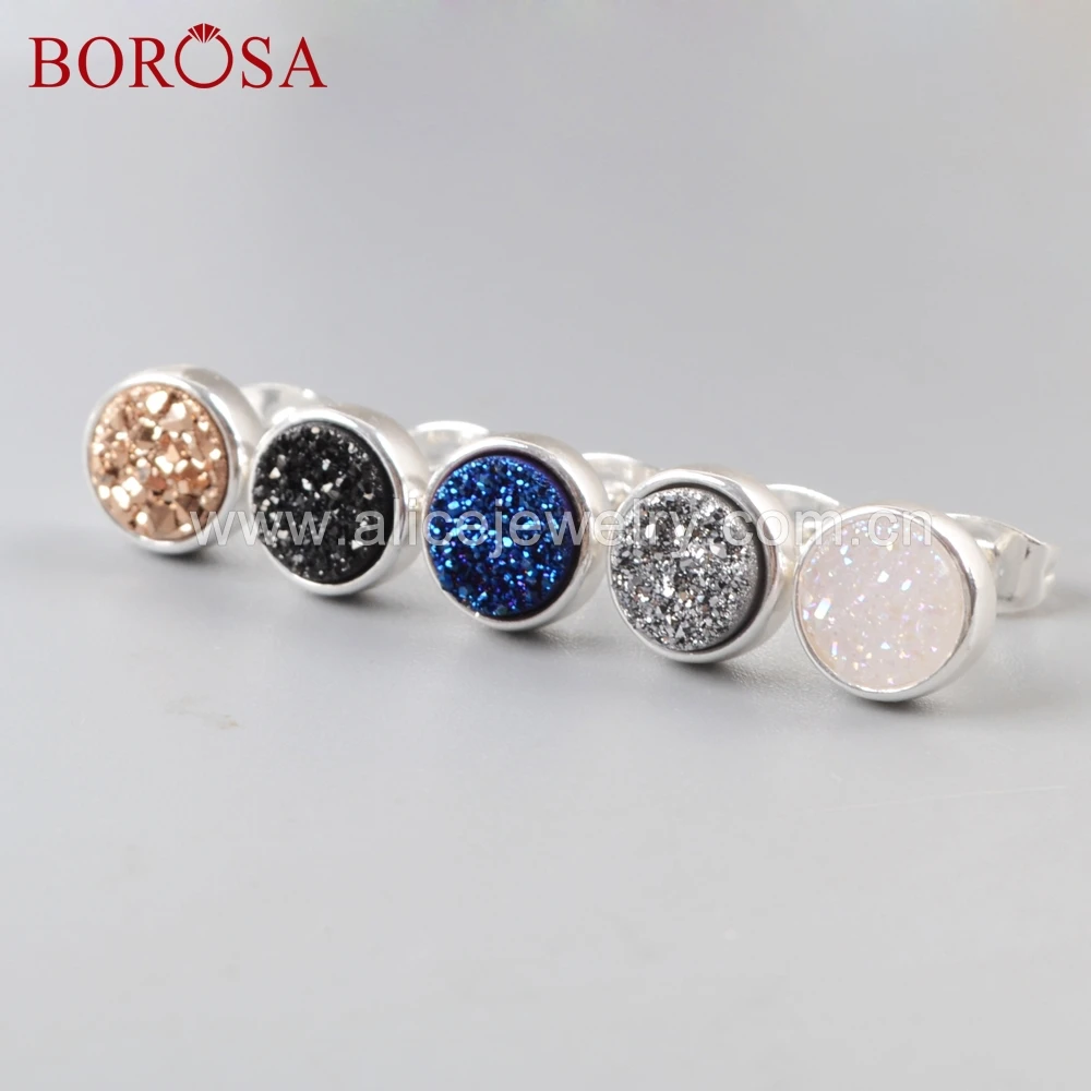 

BOROSA 5Pairs New 9mm Round Shape Silver Color Titanium Rainbow Druzy Stud Earrings Mixed Colors Drusy Earring Jewelry ZS0198