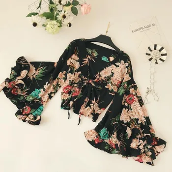 

Summer Blouses Women's Short Blouse Flare Sleeves Floral Print V Neck Shirt