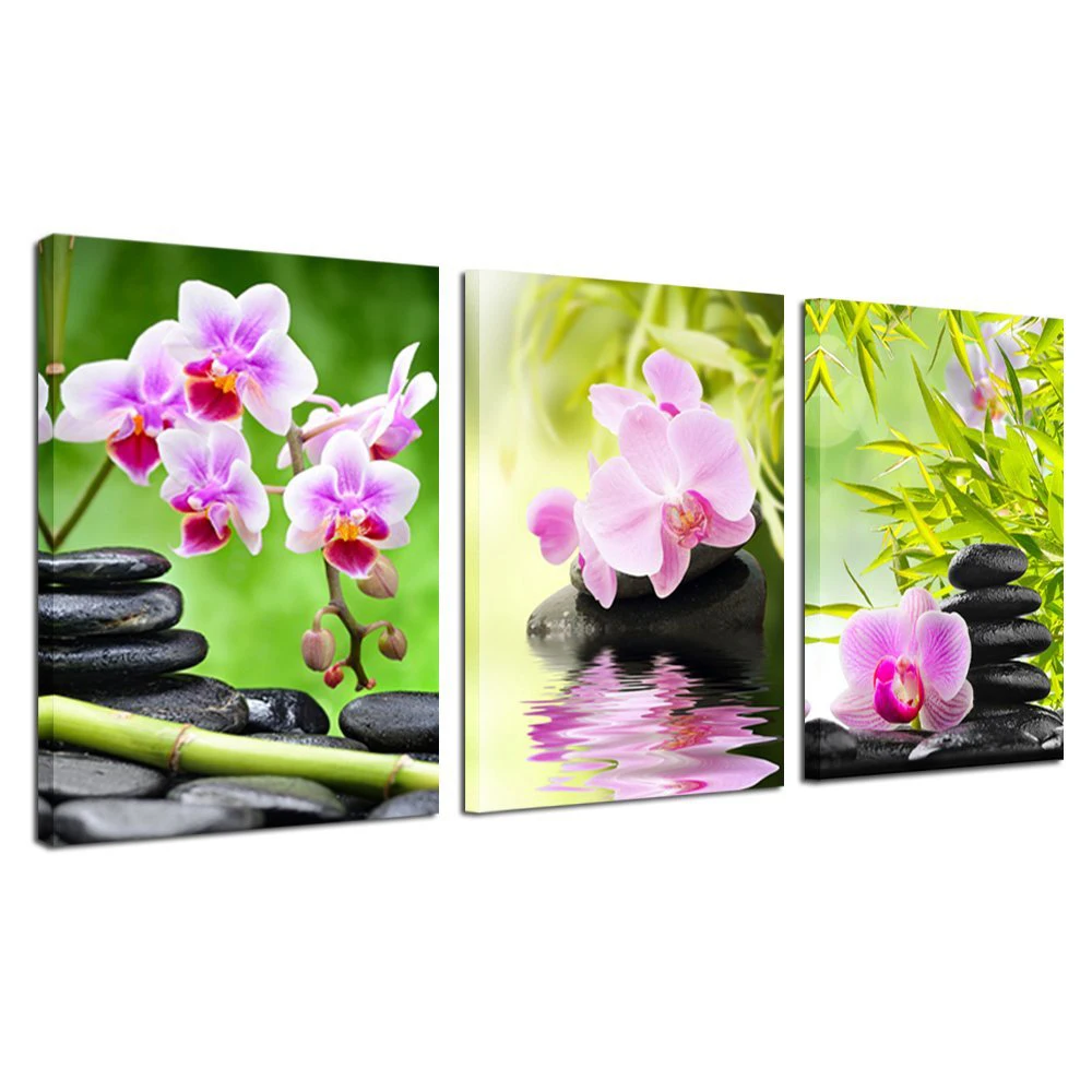 purple orchid flower bamboo stone 3 pieces giclee art work canvas prints zen art wall decor - Spa Decor purple orchid flower bamboo stone 3 pieces giclee art work canvas prints zen art wall decor - Spa Decor