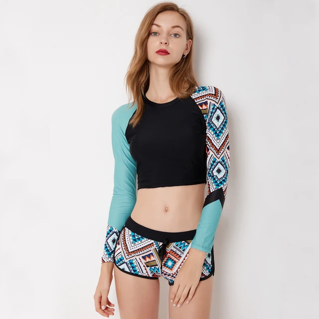 New Crop Top Rash Guard Diving Long Sleeve Short Pants Swimsuit For