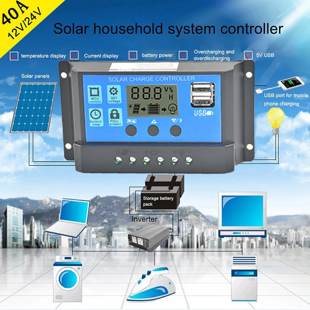 

40A/50A/60A 12V 24V Auto Work Solar Charge Controller With LCD USB 50V Output Solar Cell Panel Charger Regulator TV Home#290030