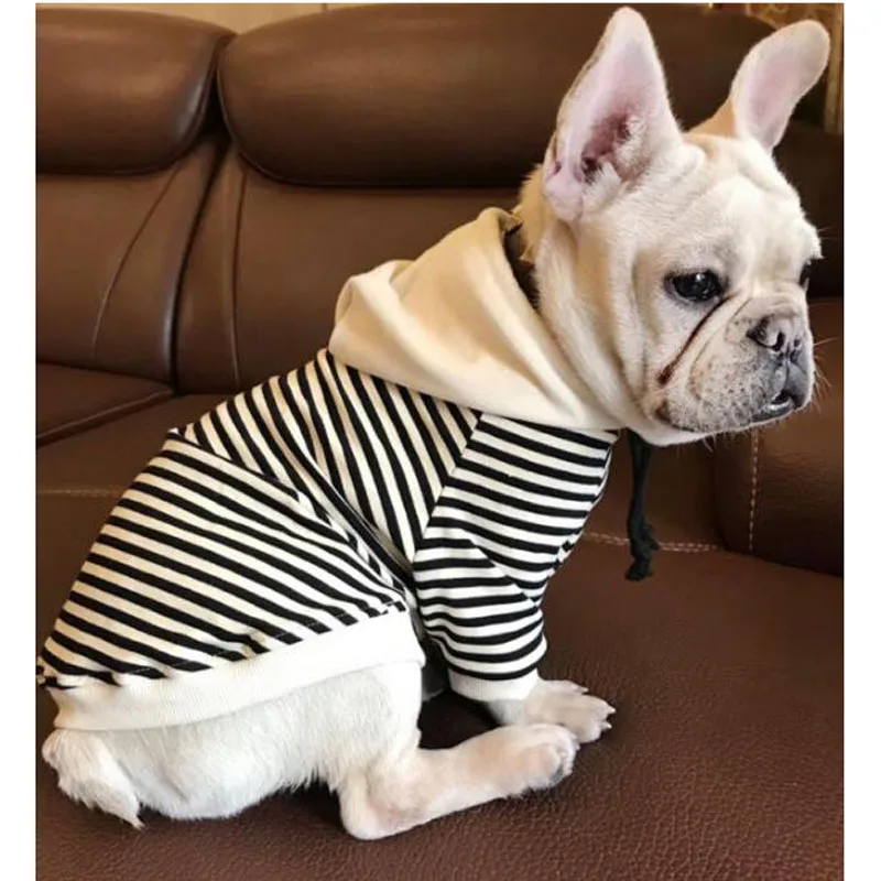 Pai-criança algodão listras bulldog francês cão hoodie