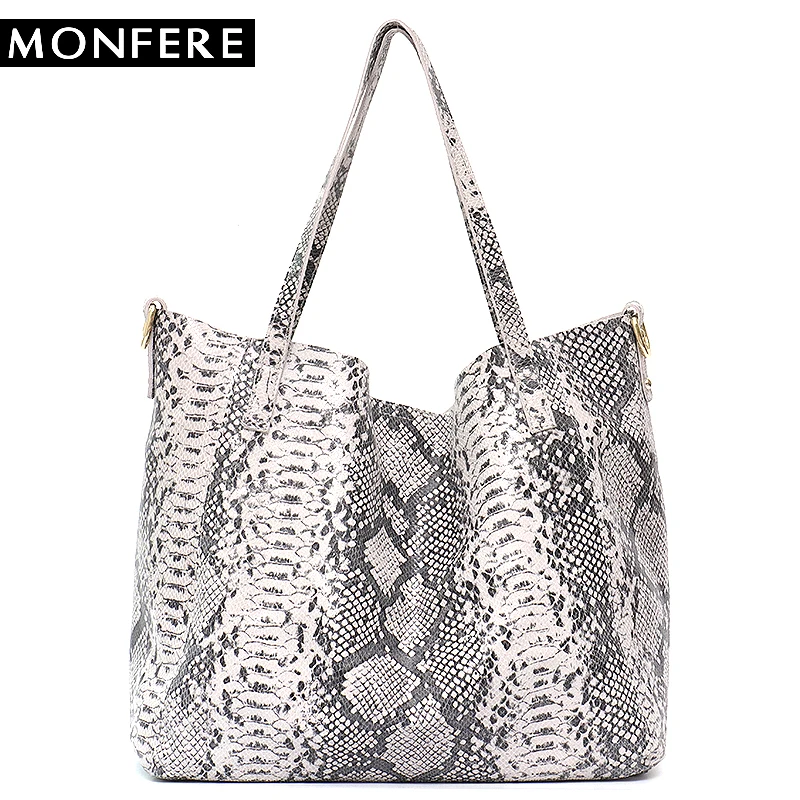 

MONFERE Serpentine Leather Tote Bag Women Shoulder Bags Large Capacity Snake High Quality Leather Bucket Shopping Bag Liner Bag