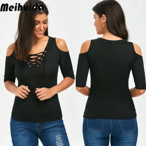 2018 Brand New Summer Womens Strappy Cold Shoulder Tops