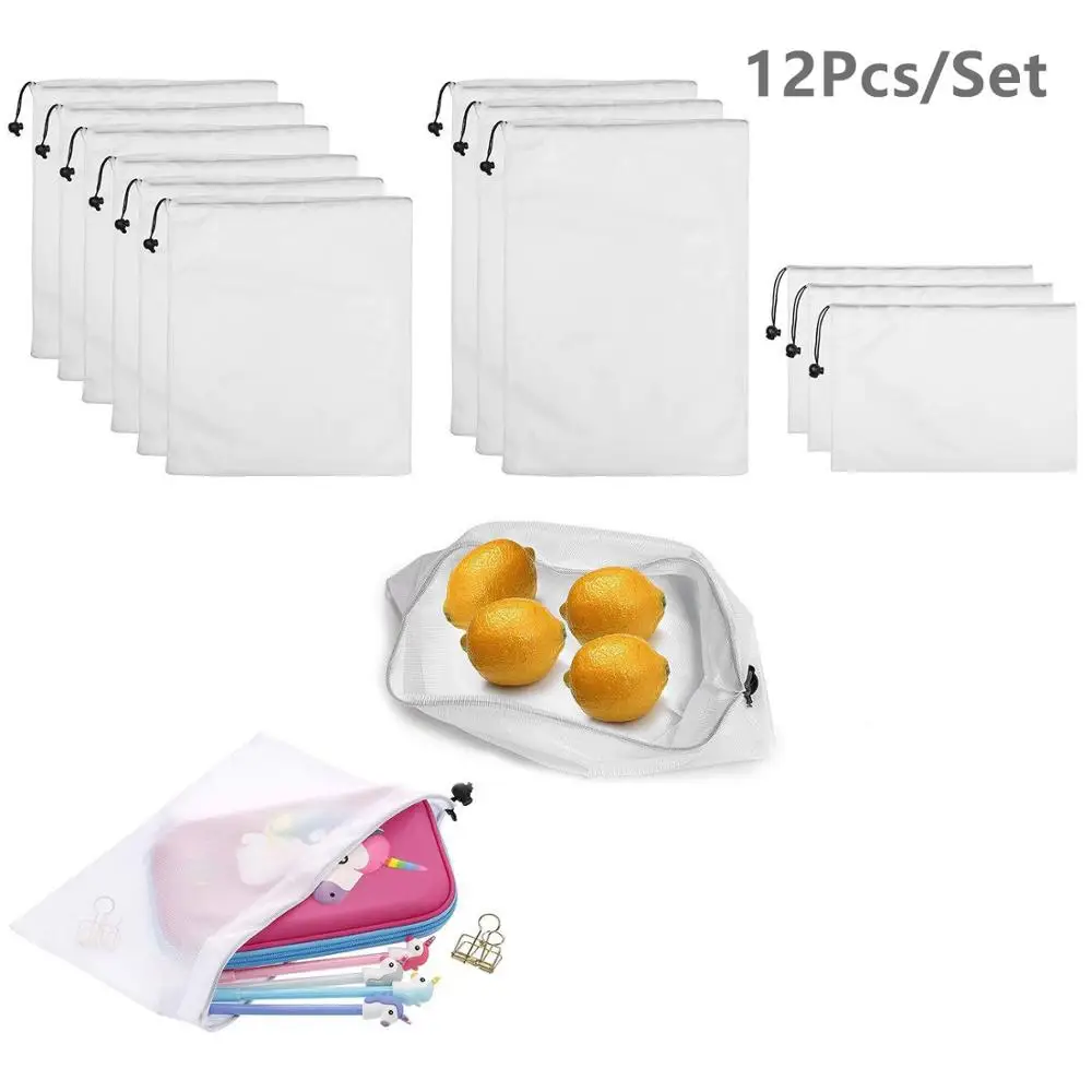 

12pcs Reusable Mesh Produce Bag eco friendly Washable Fruit Vegetable Produce Mesh Bag with Drawstrings for Shopping & Storage