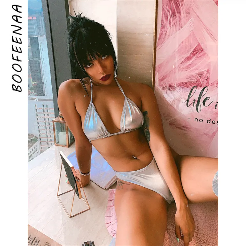 

BOOFEENAA Sexy High Waist Thong Bikini 2 Piece Set Swimwear Women Metal Solid Color Hot Bathing Suit Summer 2019 C70-G87