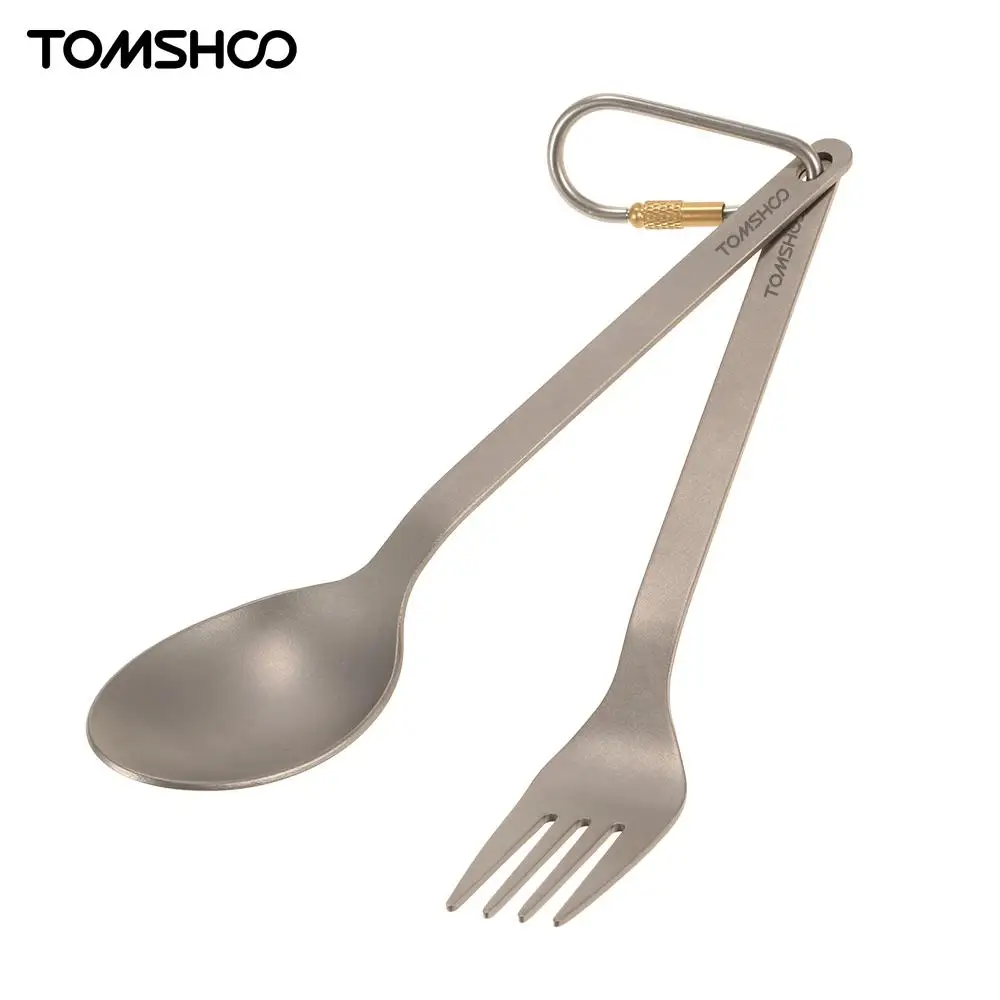 

TOMSHOO Spoon Fork Titanium Tableware Dinner Frok Spoon Cutlery Set Flatware with Carabiner Storage Sack for Outdoor Camping
