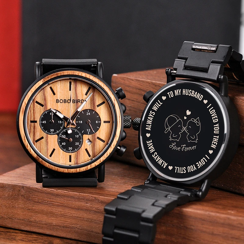 BOBO BIRD Engraved Wood Watch Personalized Customize Men Wristwatches Wood & Stainless Steel Band Father's Gift Anniversary Gift