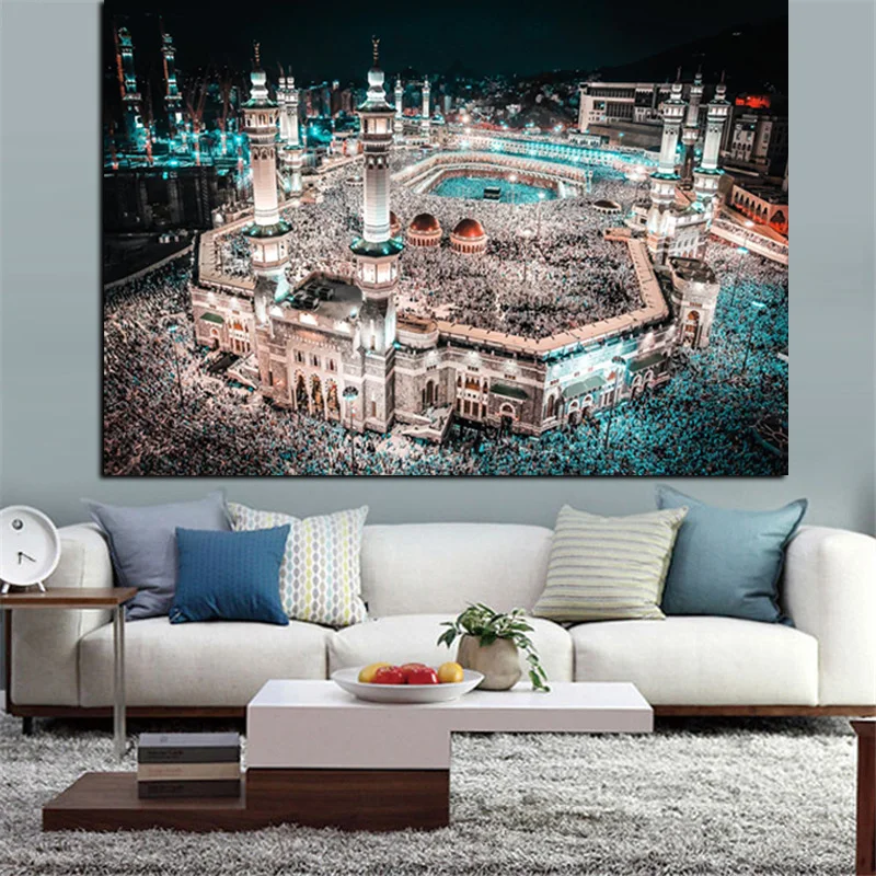 

Modern Print Islam Pilgrimage to Mecca Sacred Mosque Night Landscape on Canvas Wall Painting for Living Room Sofa Cuadros Decor