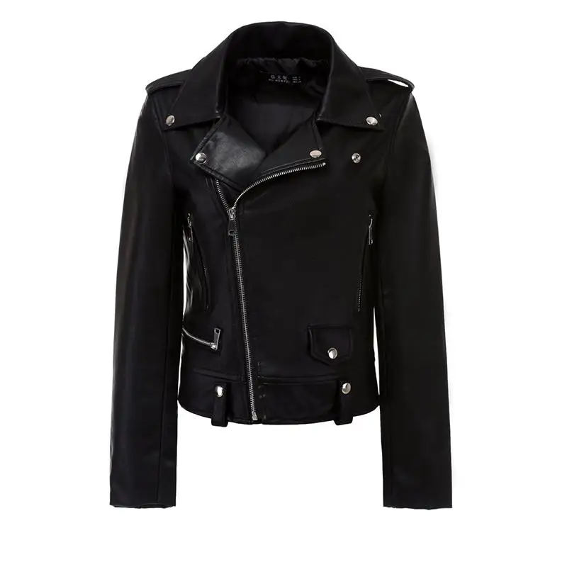 FTLZZ, новинка, Женская Осенняя Черная куртка из искусственной мягкой кожи, пальто на молнии, базовый отложной воротник, на молнии, мотоциклетная верхняя одежда в стиле панк - Цвет: Black