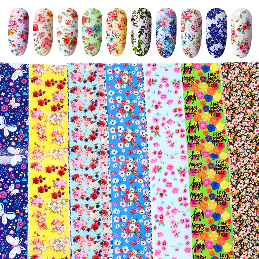 

16pcs Mix Flowers Nail Sticker Nail Art Foils Transfer Holographic Starry Paper DIY Stencils Adhesive Nail Tips Sets Decals