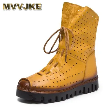 

MVVJKE 2018 Women Fashion Vintage Genuine Leather Shoes Female Spring Autumn Platform Ankle Boots Woman Lace Up Casual Boots