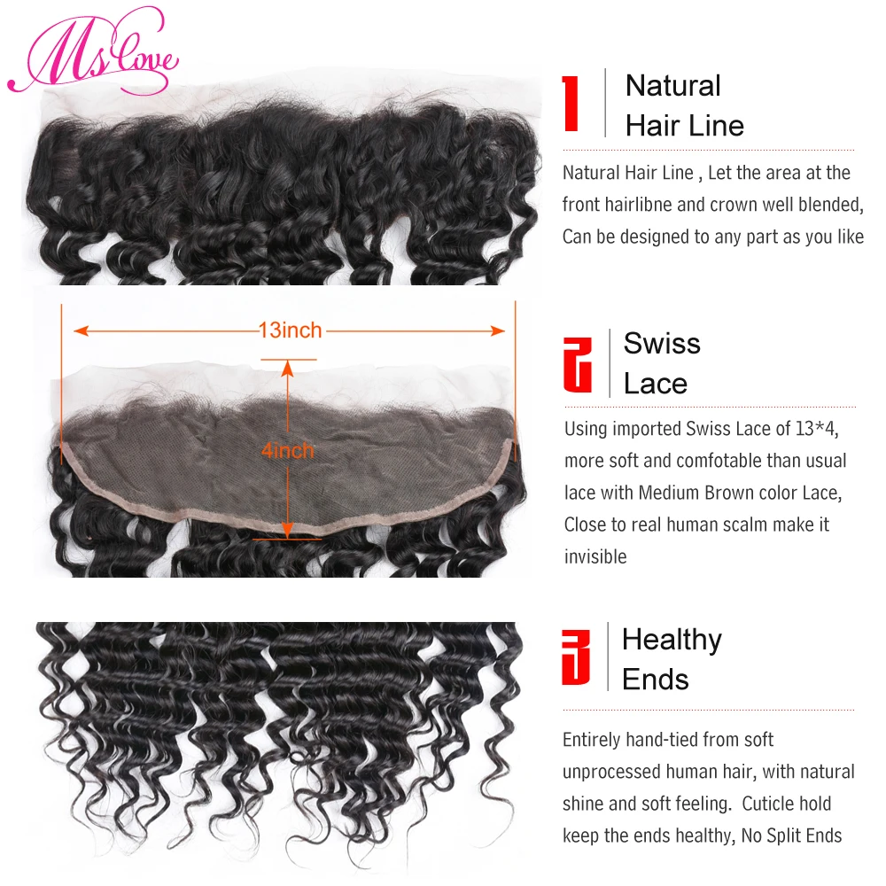 Ms Love Deep Wave lace frontal 13x4 Human Hair Closure Brazilian Non Remy Hair Extension