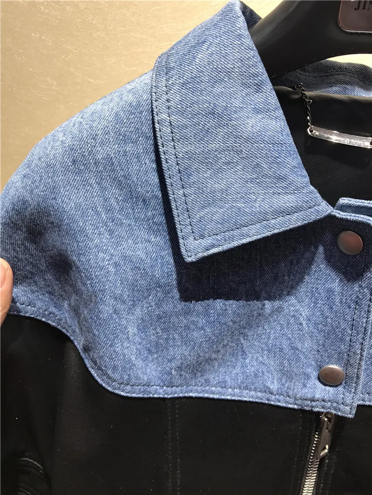 European style women's real leather jackets Fashion 2019 spring denim patchwork sheepskin moto & biker jackets coat G119