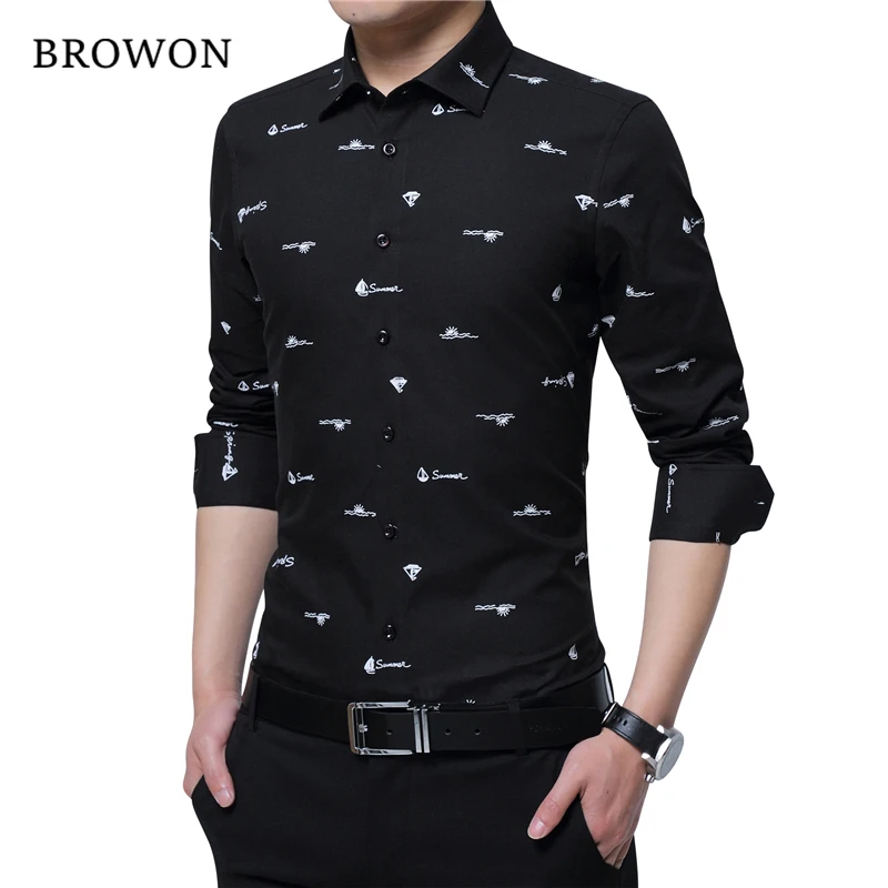BROWON أربعة موسم جديد وصول 100% القطن الرجال طباعة قميص طويل الأكمام قارب طباعة الرسمي مصمم قميص تربيع طوق الرجال القماش