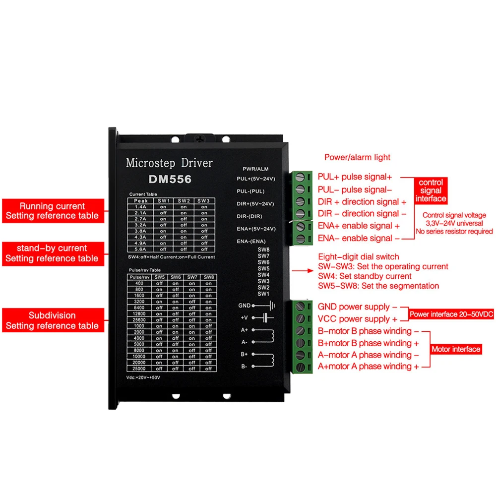 Microstep Driver DM542 DM556 Digital Motor Driver Suitble for 42 57 Stepper Motor Nema17 Nema23 Supply Voltage DC 20-50V 1-5.6A