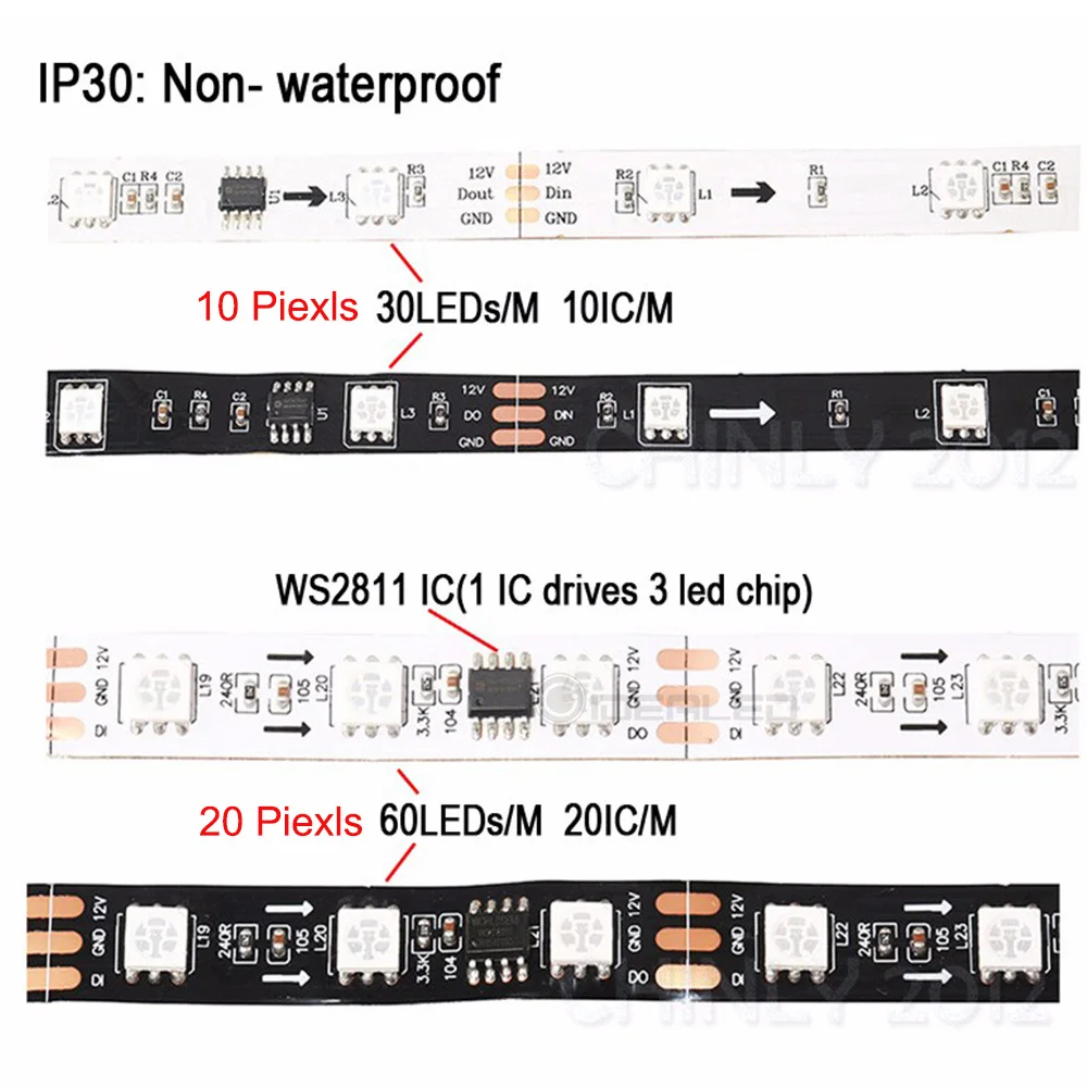 DC12V светодиодный пикселей RGB полный Цвет умная ИС(интеграционная схема) WS2811 30/60 светодиодный s/10/20 пикс./м цифровой Водонепроницаемый светодиодный 2811 полосы светильник