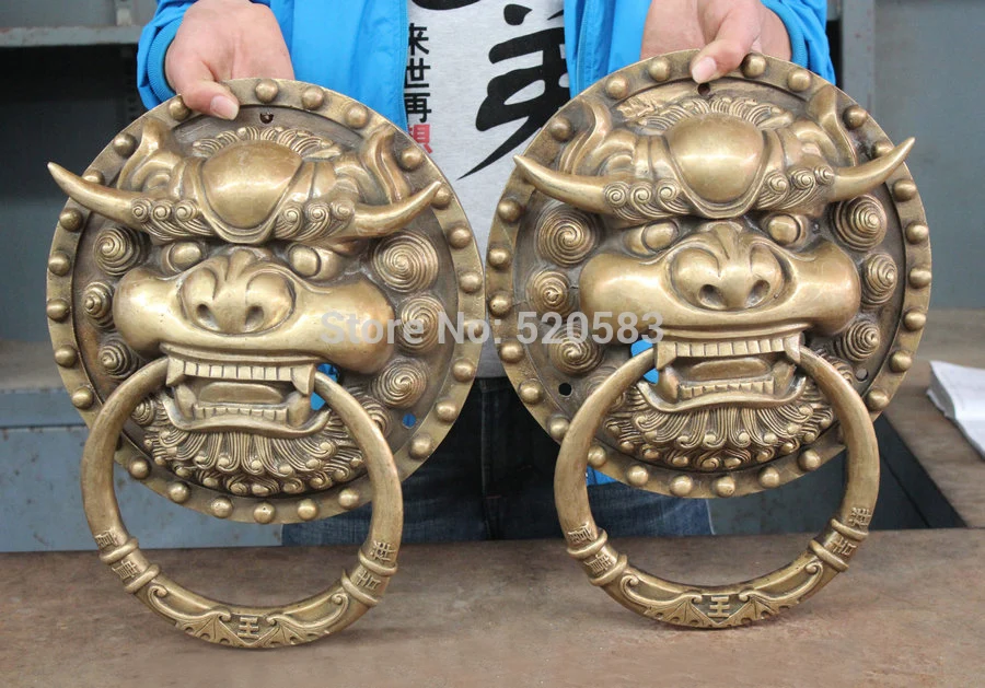 

16" Chinese Brass Fengshui Fu Foo Dog Guardion Lion Head Gate Door knocker Pair