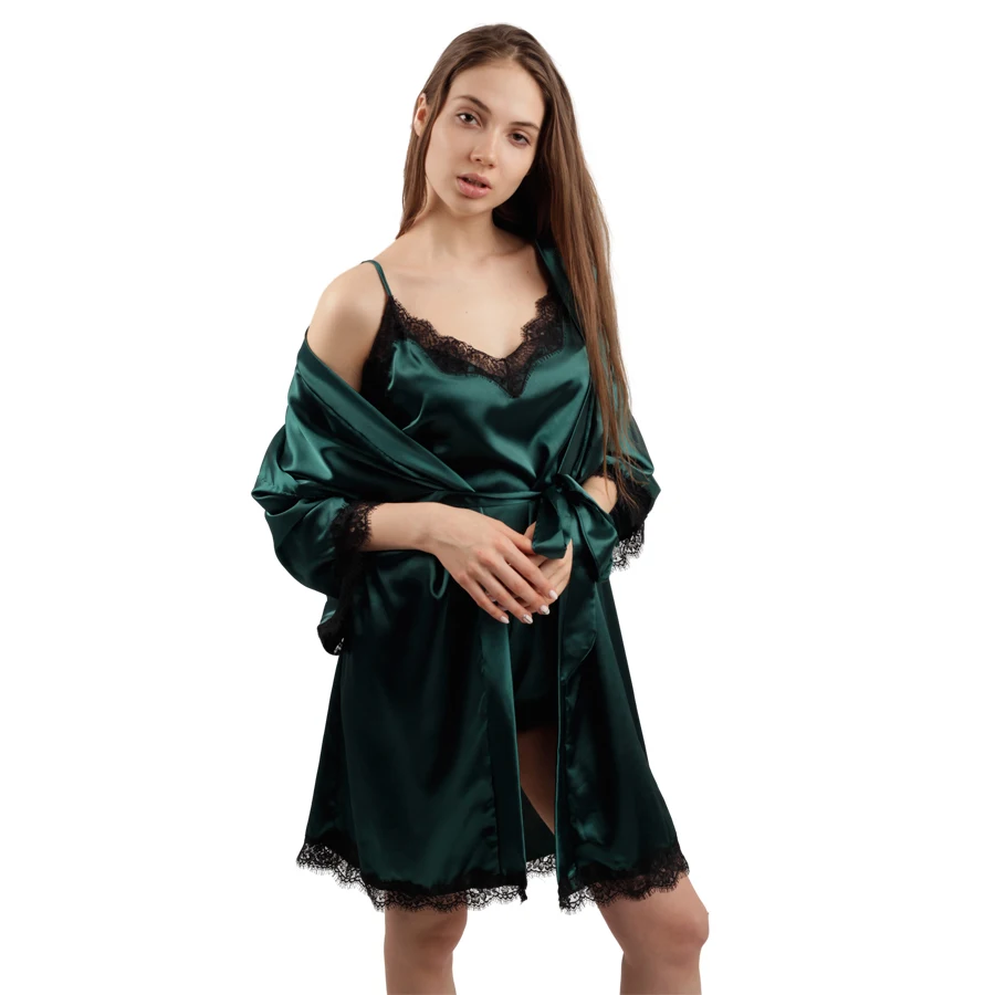 Женская атласная пижама комплект кружевной пижамы мягкий халат сексуальная пижама милый топ на бретельках и шорты Удобная ночная рубашка - Цвет: Зеленый