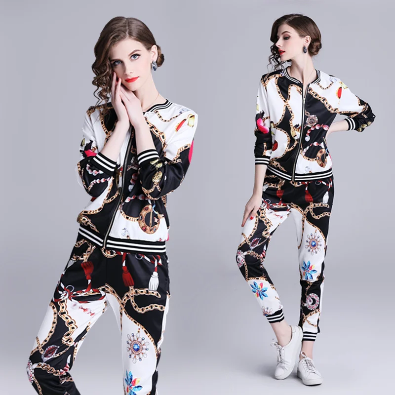 

New Arrive Women Suit Spring Fashion Two Piece Set Print Sweatershirt Tops And Trousers Sets Causal Zipper Female Tracksuits