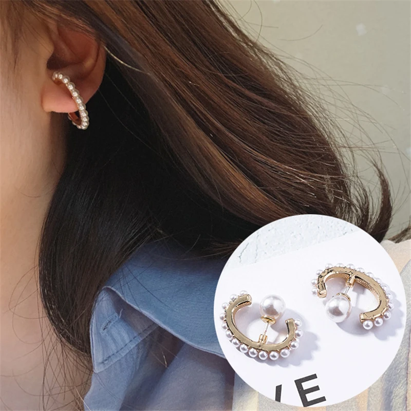 

New Fashion ZA Statement Jewelry Simple Design Irregular Oval Metal Semicircle Pearl Stud Earrings for Women Girl Wedding Party