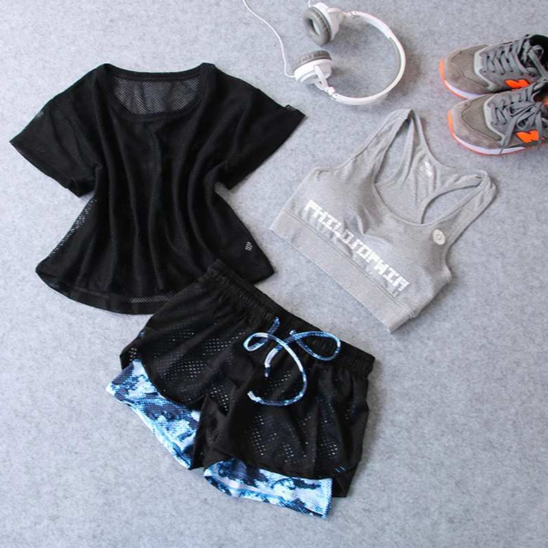 News 3 in 1 Running Yoga Suit Sport T-Shirt+Bra+Shorts Female Breathable Gym Jogging Sport Set Summer Quick Dry Girls Yoga Suits