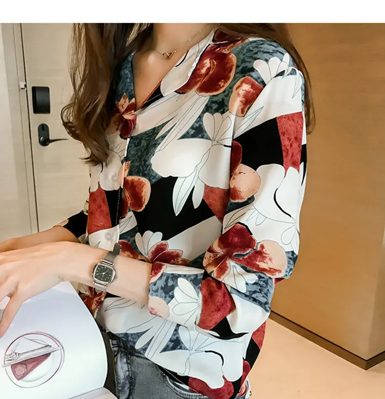 2019 Vintage Print Shirt Femme Plus Size Tops Autumn Women Blouses V-neck Long Sleeve Chiffon Blusas Mujer Chic Chemise Femme (7)