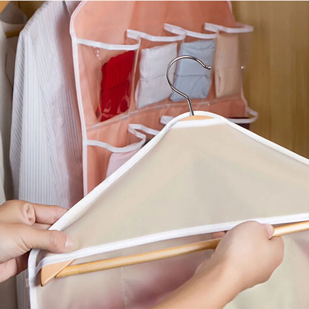 

16 Pockets transparent hanging bag home wardrobe close-fitting clothing socks bra inside hanger hanger storage manager #LC