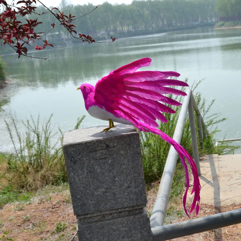 

plastic foam & feathers bird about 50x30cm spreading wings hot pink feathers bird model toy,garden,bonsai decoration gift w5557