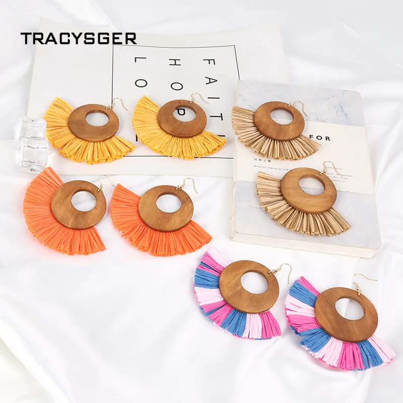 

AE-84650 /TRACYSGER/bright colour raffia tassel wood earrings