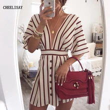 Women Striped Button Vintage Dress Sexy Deep V Neck Batwing Sleeve Summer Dress Casual Backless Lace Up Mini Dresses