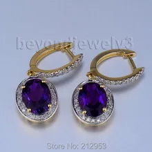 Винтажные овальные 7x9 мм твердые 14kt желтое золото натуральный Фиолетовый аметист серьги E0002