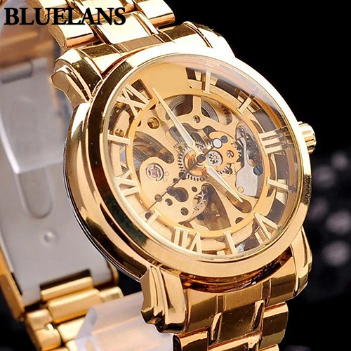 

New Arrival Mens Retro Roman Numerals Hollow Skeleton Golden Tone Wristwatch Mechanical Watch 5UZR