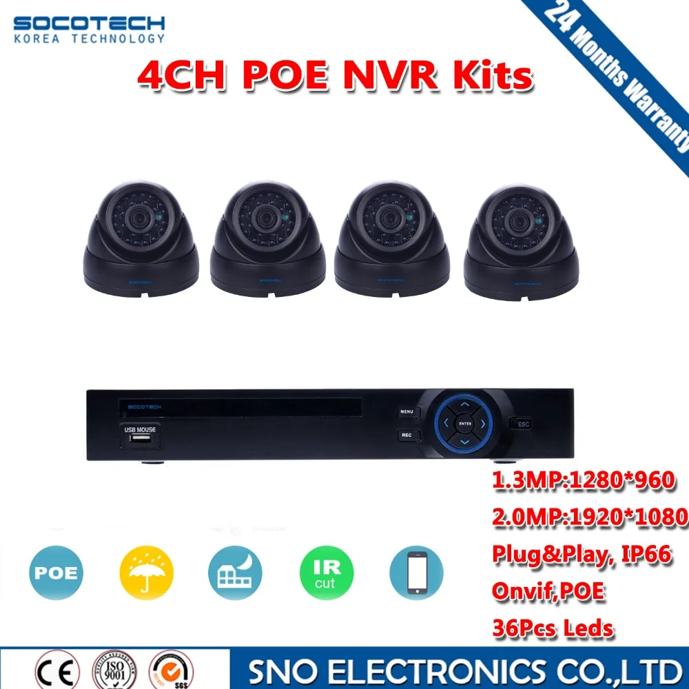 SOCOTECH 4CH 1080P POE NVR CCTV System 4pcs indoor dome vandalproof 960P 1080P Home Security IP Camera Surveillance Kit