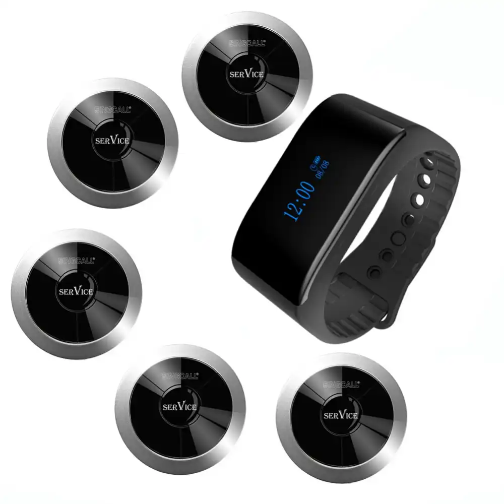 singcall wireless call bell system restaurant calling 1 waterproof mobile watch receiver and 5 pagers for calling service pager codes