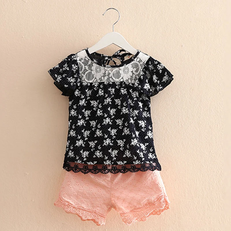 

Clothing Set Girl Summer New 2018 Fashion Floral Printing Clothes For Kids O-neck T-shirt+Lace Shorts Children Clothing 2991W