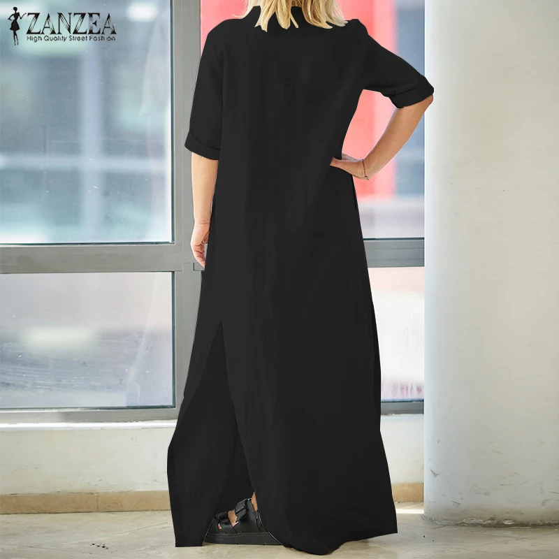 ZANZEA женское хлопковое льняное платье с v-образным вырезом, повседневное Свободное платье с рукавом средней длины и разрезом подола Макси Vestido, Осеннее элегантное платье для работы размера плюс