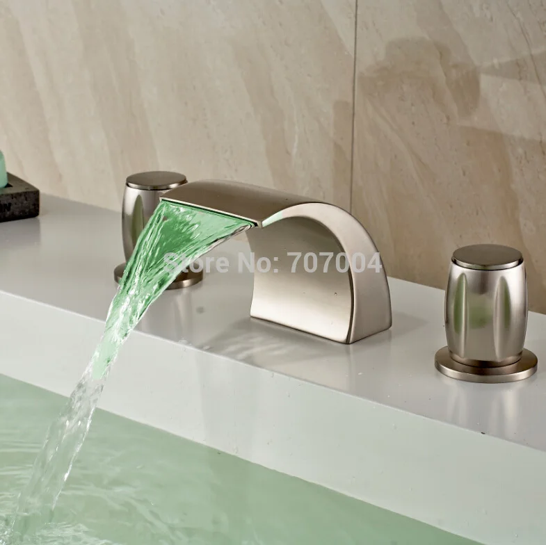 New Arrive Brushed Nickel LED Color Change Waterfall Basin Faucet Dual Handle Good Quality Bathroom Basin