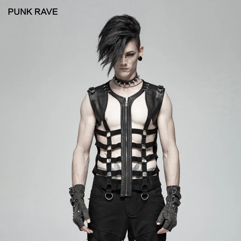 

PUNK RAVE New Men's Black Skeleton Pu Personality Hollow-out Vest with Metal Leather Tab and Eyelet Trim Men Tank Tops Halloween
