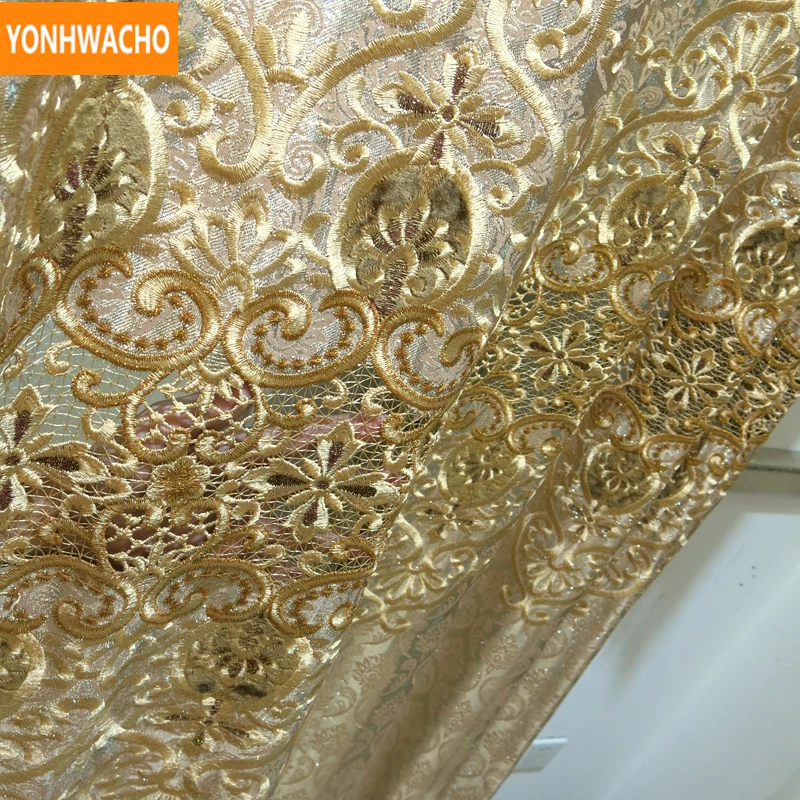 Пользовательские шторы роскошные европейские золотые кофе жаккардовые водорастворимые вышивка ткань затемненные шторы тюль балдахин шторы N688