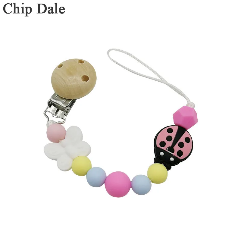

Chip Dale Silicone Chew Beads Baby Pacifier Clips Chain Wooden Pacifier Clip Soother Chains Baby Teething Toy Nipple Leash Strap