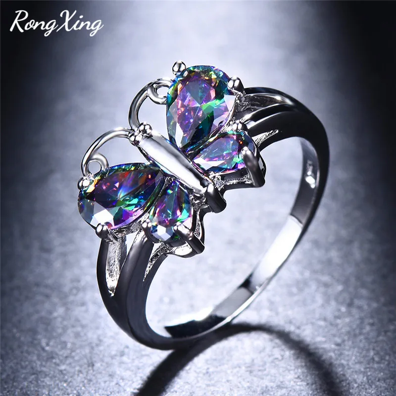 RongXing Mystic радужные циркониевые кольца с бабочкой для женщин белое золото/Черное