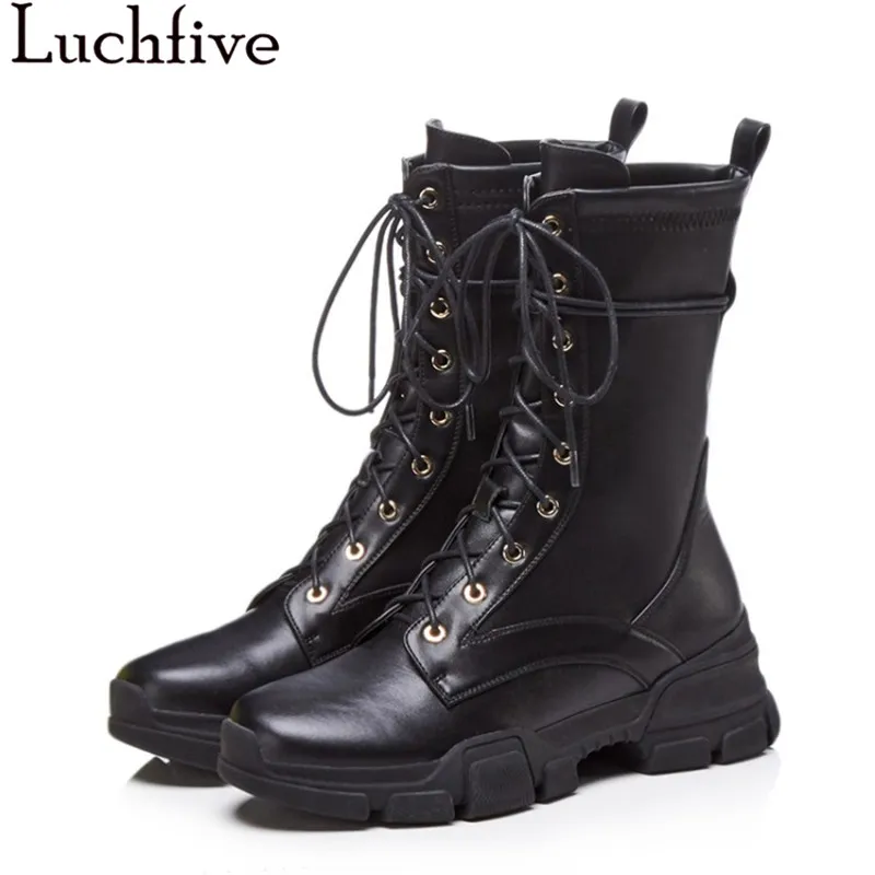 

Autumn winter shoes mid calf boots for women genuine leather thick bottom platform flat heel ankle boots Motorcycle boots